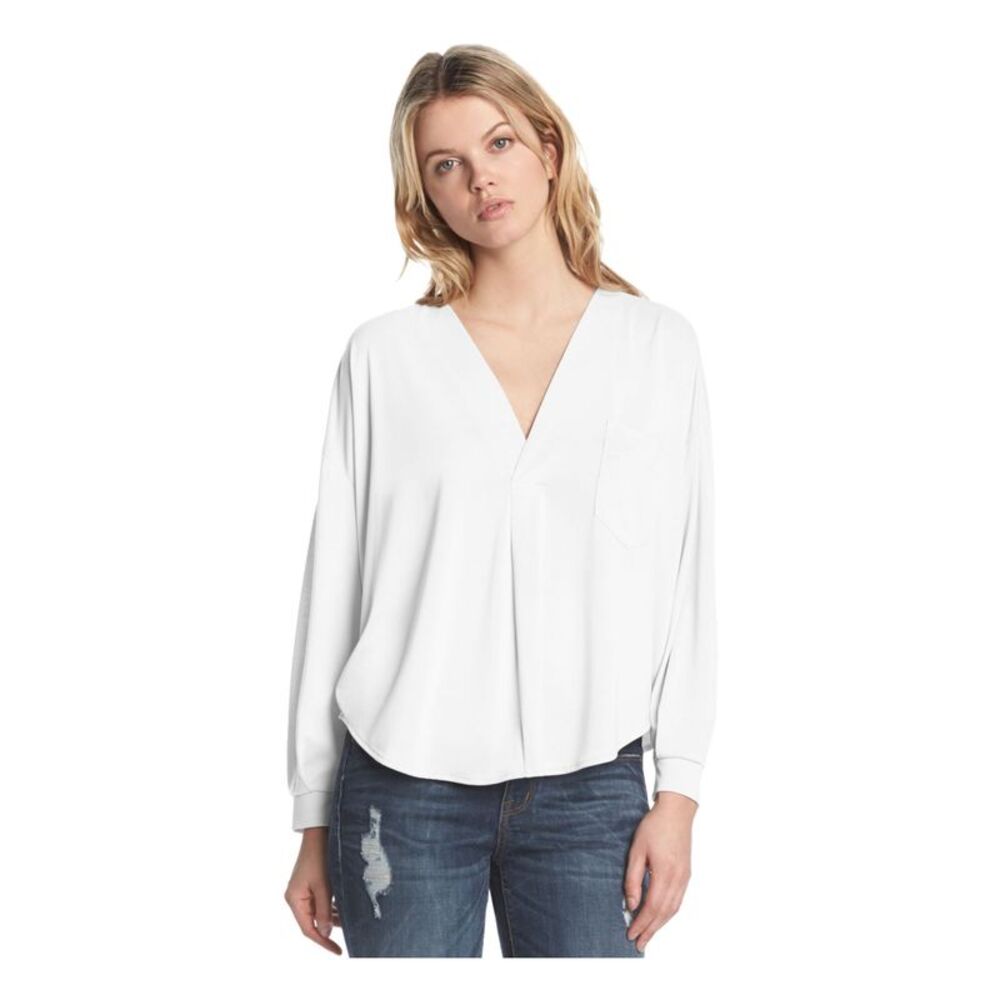 NWT KIIND OF Womens Ivory Pocketed Long Sleeve V Neck Top Size: XS